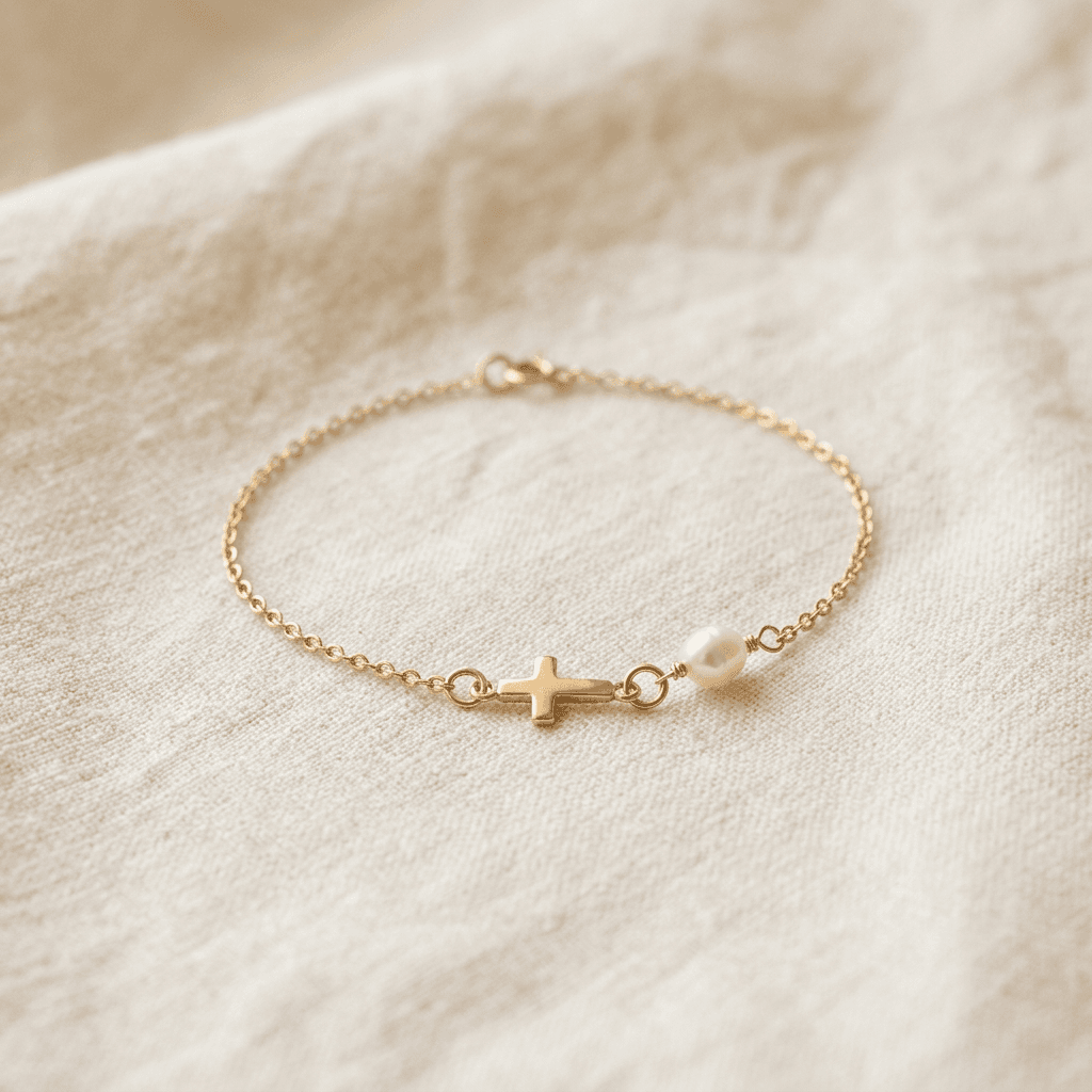 A gold faith bracelet with a cross and pearl resting on soft linen