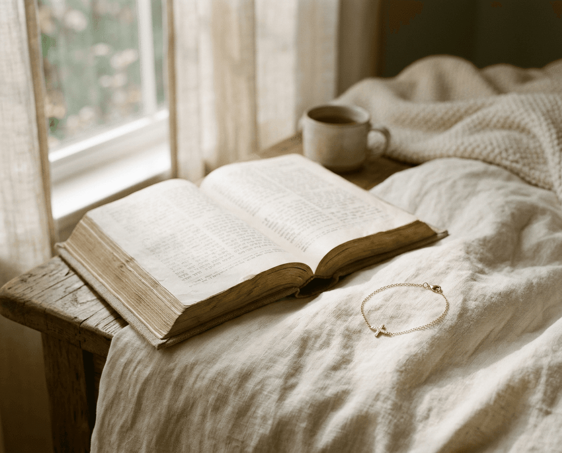 An open Bible and delicate bracelet resting on ivory linen in morning light