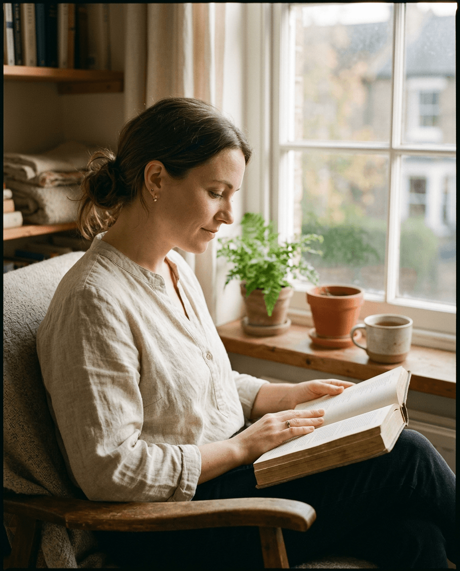 A woman spending a quiet morning reading the Bible beside a window